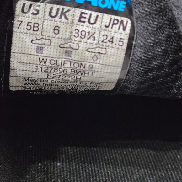 Hoka Clifton 9 running shoes in a black and white colorway women's 7.5 - Picture 6 of 9